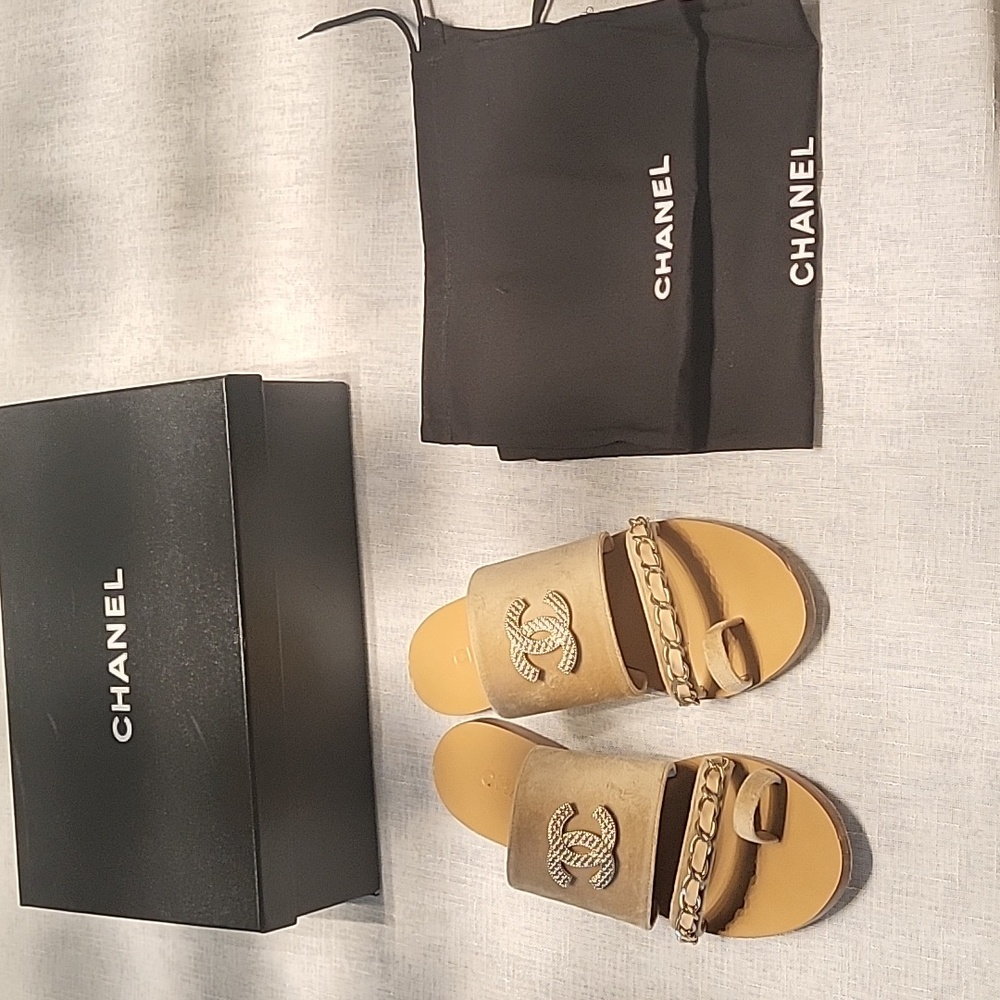 CHANEL Velvet Chain Mule Sandals
